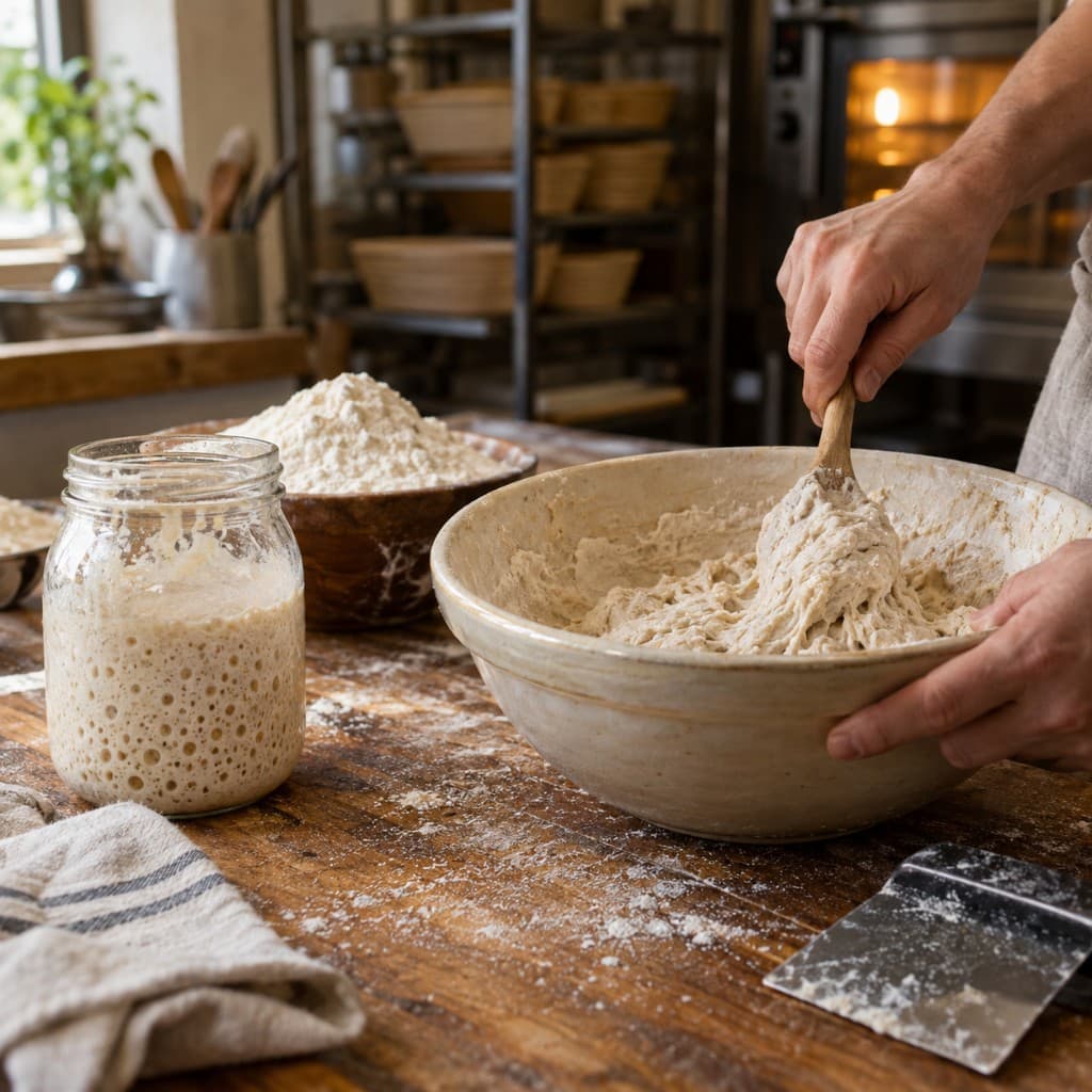 Mixing sourdough in the kitchen