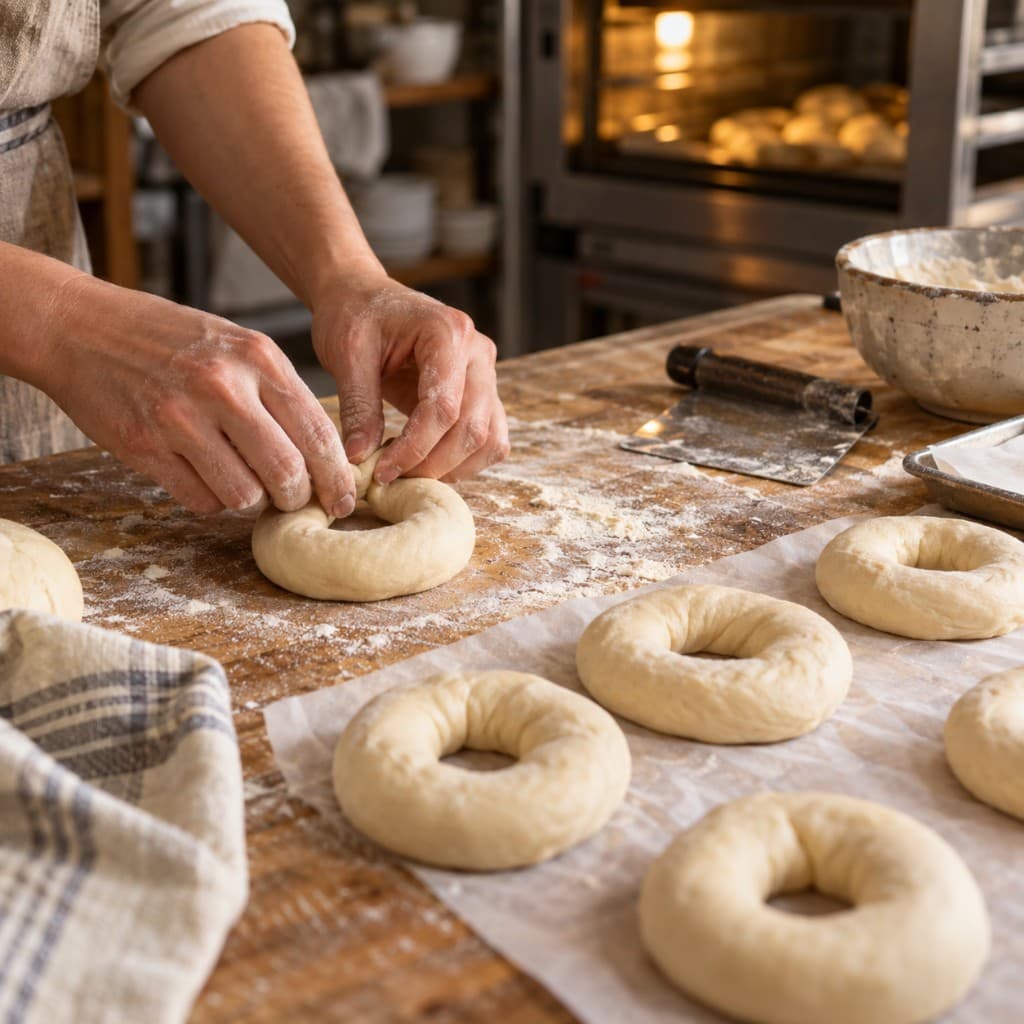 Hand-shaping fresh bagels