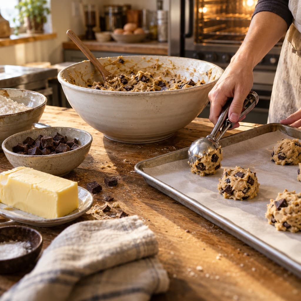 Scooping chocolate chip cookie dough