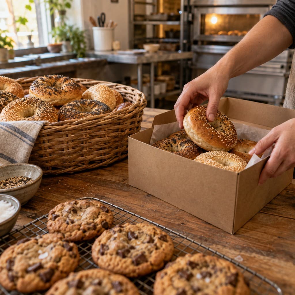 Packing bagels and cookies for pickup